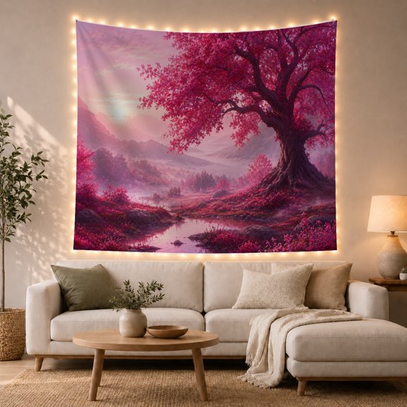 Dominated Tree Side with Magenta Foliage Right Left, Mystical Fantasy for Space Lovers, Galaxy Room Decor, Housewarming Gift, Tapestry Wall Hanging for Bedroom and Dorm