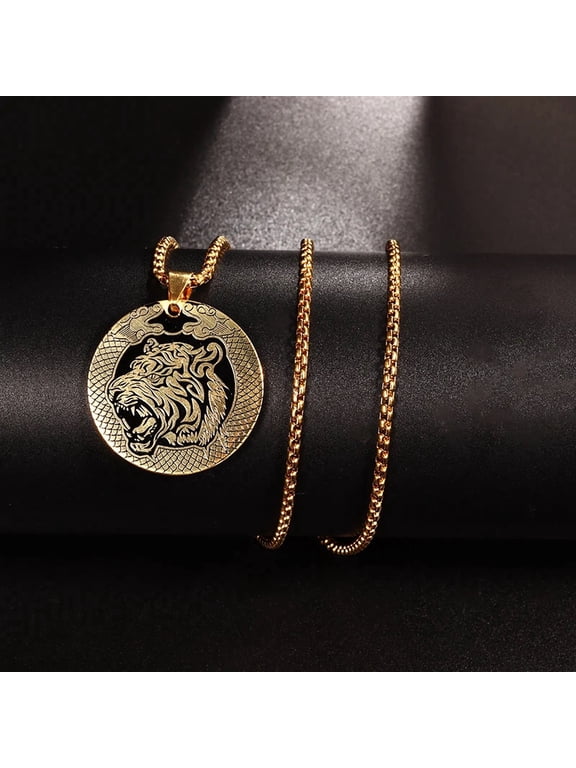 Domineering Ferocious Tiger Head Animal Pendant Necklace for Men, Bold Punk Trend Design Eye Catching Cool Statement 14K Gold Filled Jewelry