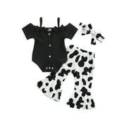 Domingbub 3pcs Newborn Baby Girl Clothes Outfit Short Sleeve Button Straps Romper+Cow Print Bell Bottoms Pants+Headband Set Black 0-6 Months