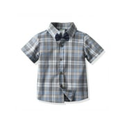 Domingbub Toddler Boys Button Down Shirts Buffalo Plaid Shirt with Bowknot School Uniform Dress Shirt Grey Blue Plaid 2-3 Years