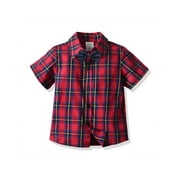 Domingbub Toddler Boys Button Down Shirts Buffalo Plaid Shirt with Bowknot School Uniform Dress Shirt Red Plaid 2-3 Years