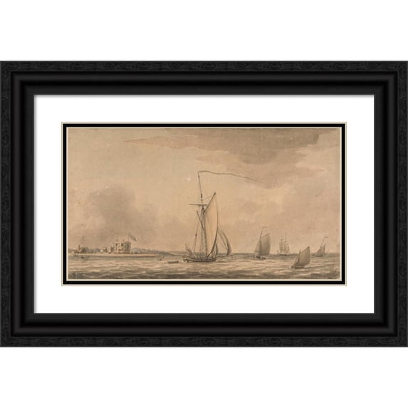 Dominic Serres 14x10 Black Ornate Wood Framed Double Matted Museum Art Print Titled: Shipping in the Solent off Calshot Castle (Between 1760 and 1793)