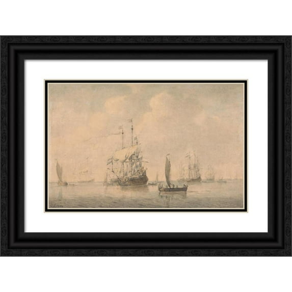 Dominic Serres 18x13 Black Ornate Wood Framed Double Matted Museum Art Print Titled - Warships Preparing to Sail from Their Anchorage (1782)