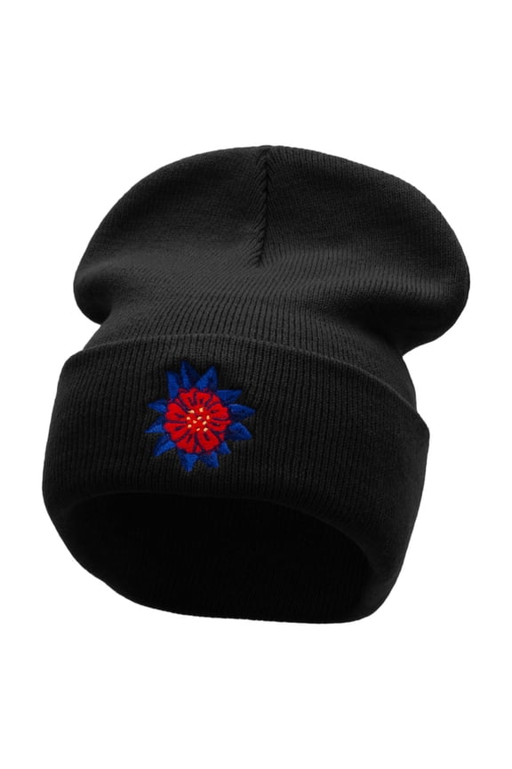 Dominican Flower Embroidered 12 Inch Long Knitted Beanie - Black OSFM