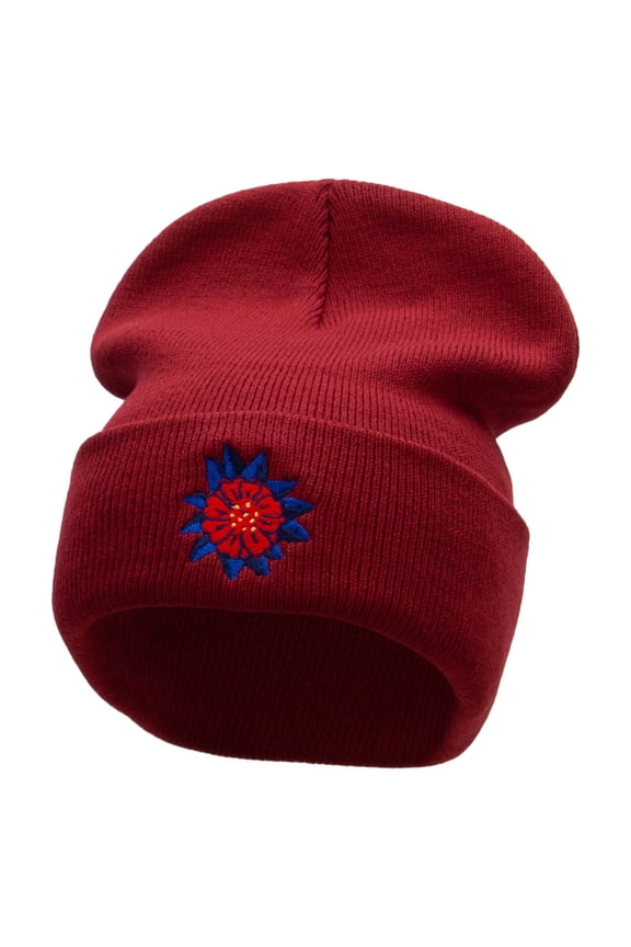Dominican Flower Embroidered 12 Inch Long Knitted Beanie - Maroon OSFM