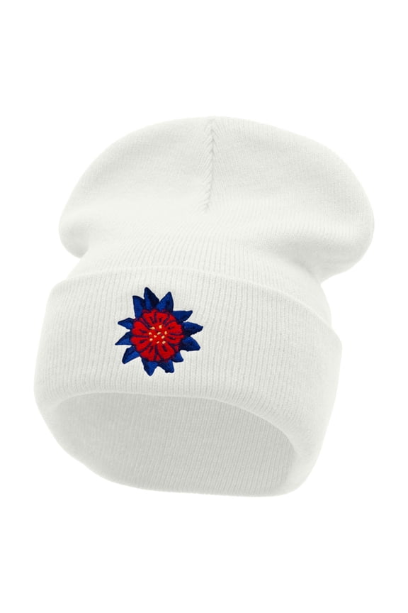 Dominican Flower Embroidered 12 Inch Long Knitted Beanie - White OSFM