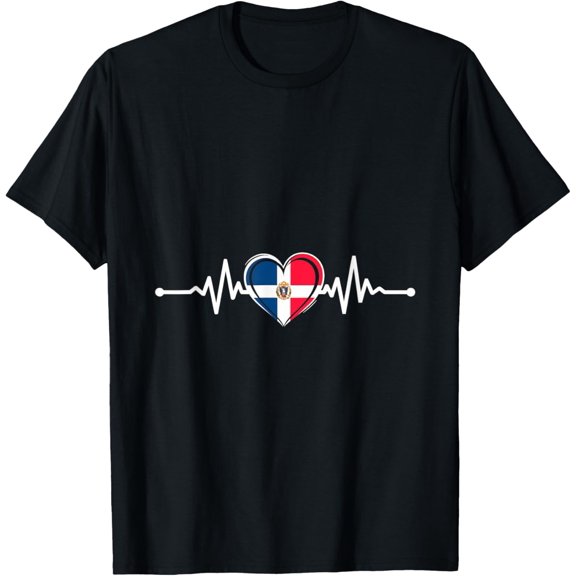 Dominican Heartbeat Flag Love Dominican Republic Pulse T-ShirtMen and women, Black T-shirt, size: Extra large S-4XL
