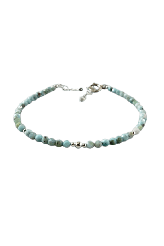 Dominican Larimar 3mm Round Shape Smooth Cut Beads 7 inch Adjustable Silver Plated Clasp Bracelet for men, women, unisex. Link Chain Stacking Bracelet.|LINK_02374