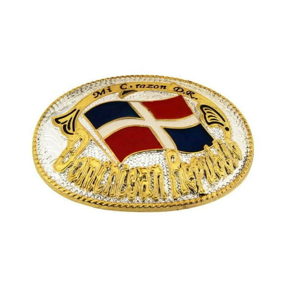 Dominican Republic Belt Buckle Flag Gold Silver Metal Mens Rodeo Western Texas