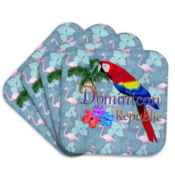 3drose, Dominican Republic Caribbean Parrot on a Flamingo Pattern., Set of 4 Coasters - Soft