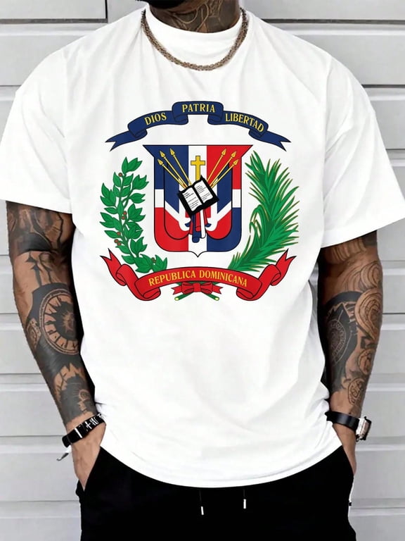 Dominican Republic Flag National Emblem Republica Dominicana T-Shirt Print T-Shirt Casual Crew Neck Short Sleeve Comfort Tee Top For Spring & Summer Men's Clothing