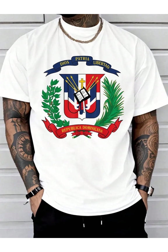 Dominican Republic Flag National Emblem Republica Dominicana T-Shirt Print T-Shirt Casual Crew Neck Short Sleeve Comfort Tee Top For Spring & Summer Men's Clothing