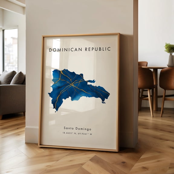 Dominican Republic Map PRINTED Poster Blue and Gold North America Wall Art Print Home Decor Geography Map Gift Wallpaper
