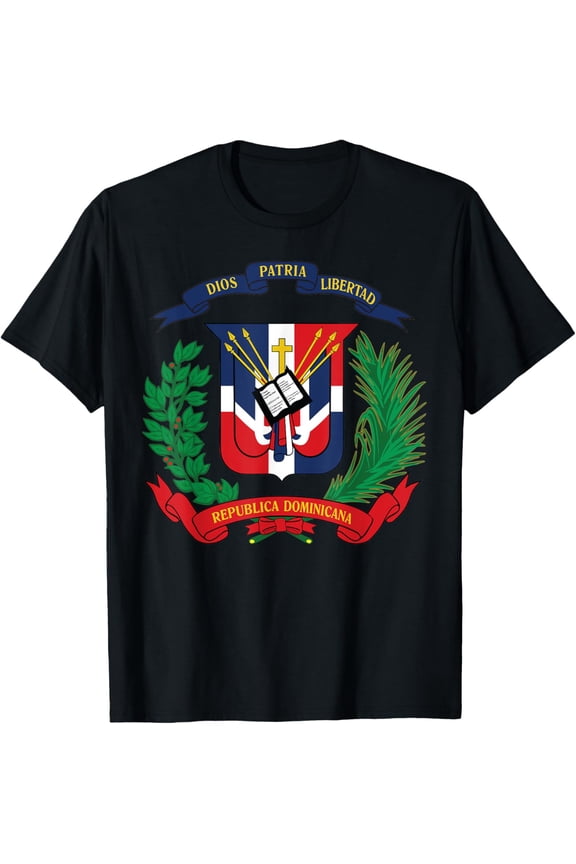 Dominican Republic National Emblem Flag T-ShirtMen and women, Black T-shirt, size: Extra large