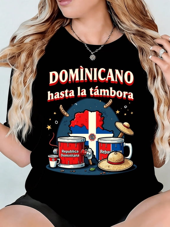 Dominican Republic Print Loose Short Sleeve Tee Crew Neck Top