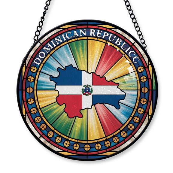 Dominican Republic Travel Decor Suncatcher Stained Glass Window Hanging, Gift for Traveller, Collection of Country Travel Souvenirs for Family and Friends, Dominican Republic Map and Flag Décor