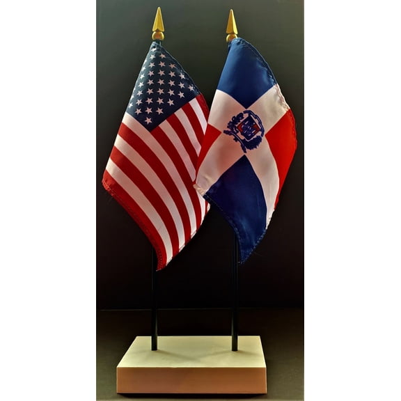 Dominican RepublicTable Flag Set; One USA and International Rayon 4x6 inch Flag Plus a White Base