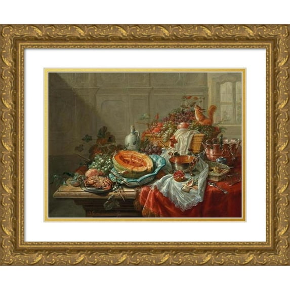 Dominicus Gottfried Waerdigh 24x19 Gold Ornate Framed and Double Matted Museum Art Print Titled - Porcelain, Silver Objects, Fruit and Shellfish on a Table (1777)