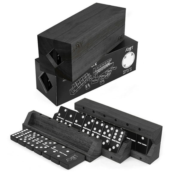 Domino Game Set of 28 | Professional Double 6s | Multi-use Box | Trays to Stand Tiles | Solid Wood Black | by ADesign+