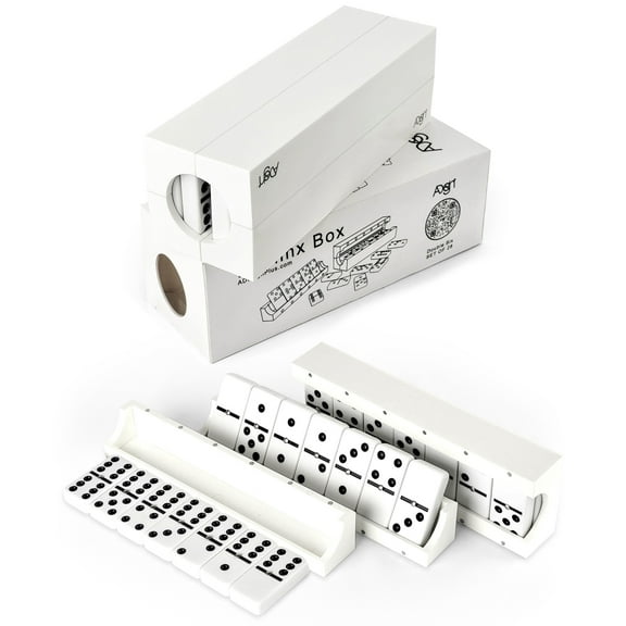 Domino Game Set of 28 | Professional Double 6s | Multi-use Box | Trays to Stand Tiles | White | by ADesign+