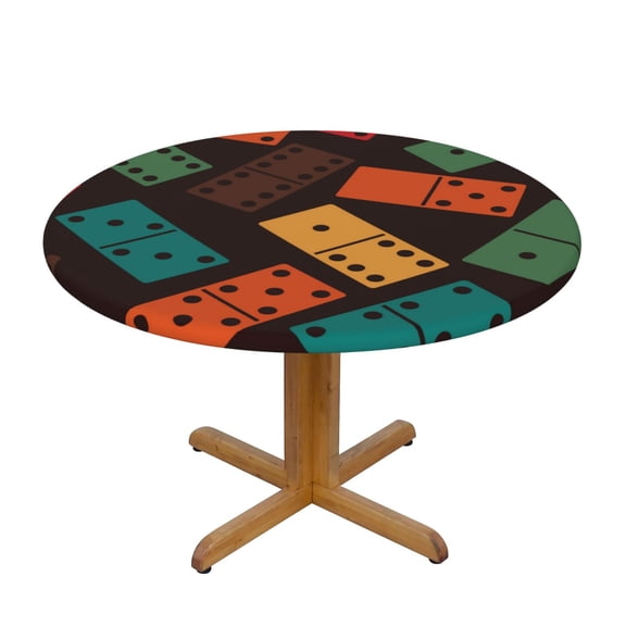 Domino Stones Dominoes Game Dice Round Fitted Tablecloth Elastic Edged Table Cloth Waterproof Table Cover 48in