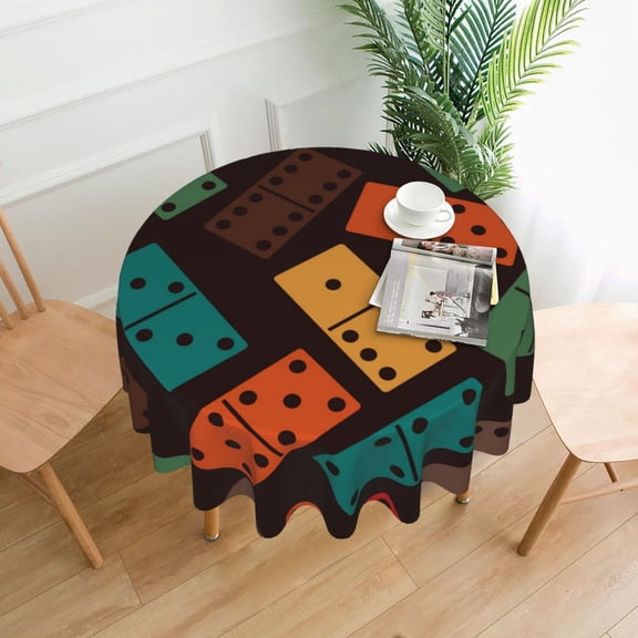 Domino Stones Dominoes Game Dice Tablecloths Round 60 inch Fabric Table Cloth Cover for Dining Kitchen Wedding Party