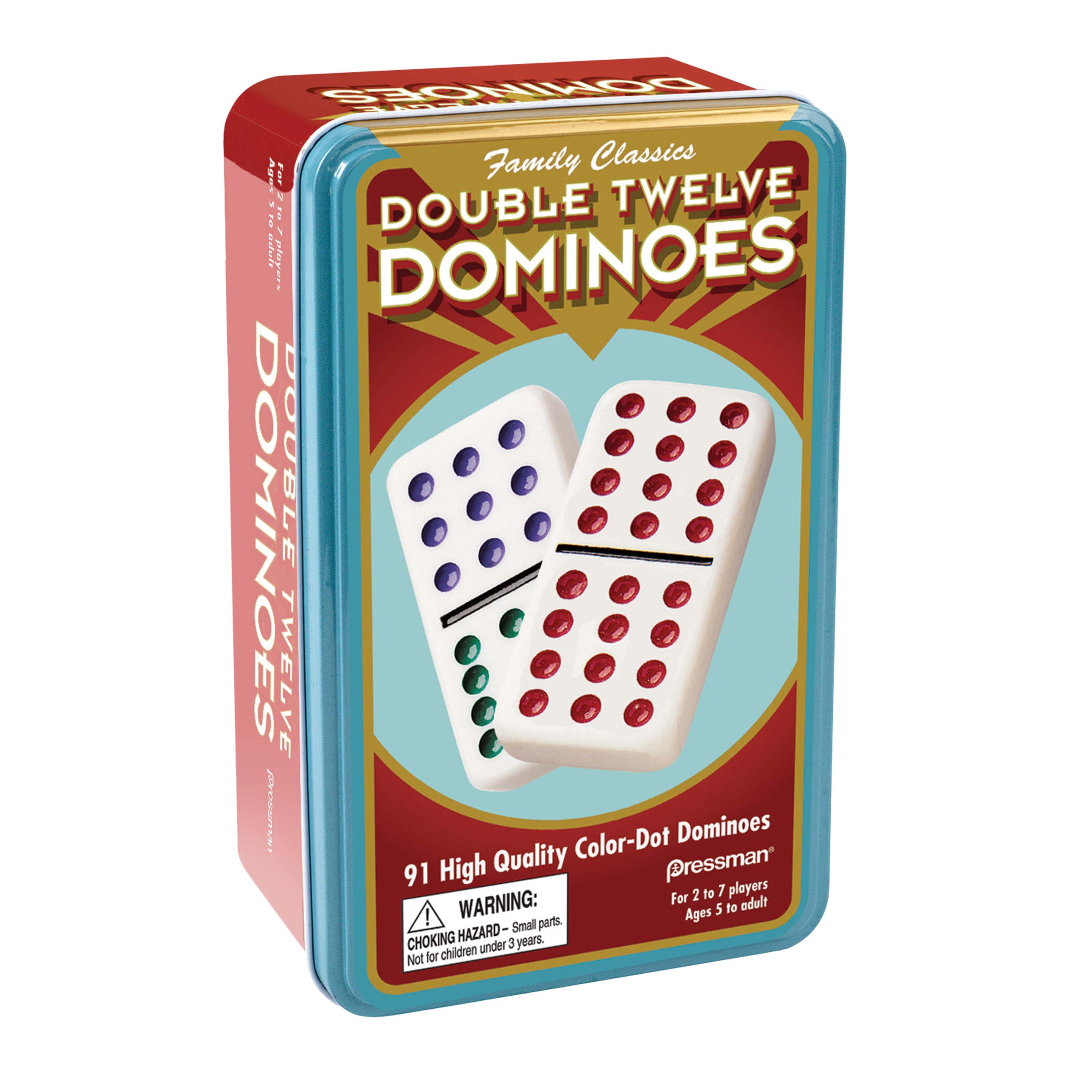 Pressman Dominoes: Double Twelve Color Dot Crystalline Dominoes in a Tin