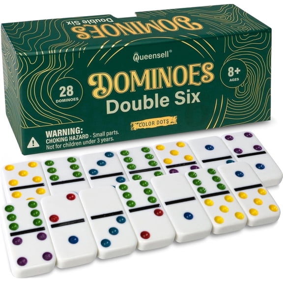 Queensell Double 6 Dominoes Set 28 Tiles with Colored Dots for Adults and Kids