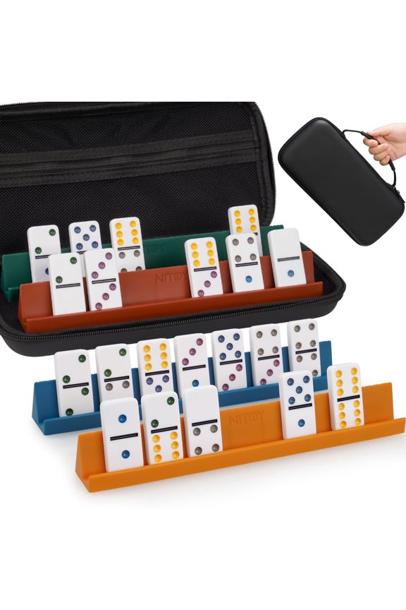 Double 6 Dominos Set for Adults with 28 Tiles 2x1x0.28 Inches & 4 Silicone Domino Racks 10x1.18x1.18 Inches, Classic Board Games with Portable Case for Family Game Nights & Travel