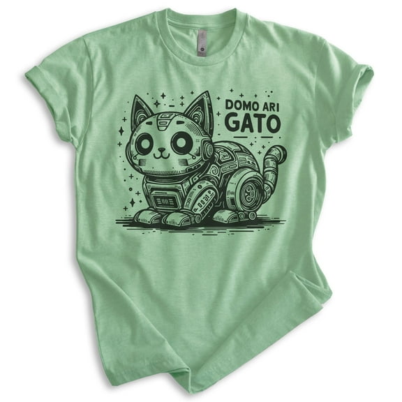 Domo Arigato Cat T-shirt, Unisex Women's Men's Shirt, Cat Robot Kitten Kitty Roboto Cute Japanese, Heather Apple Green, X-Large