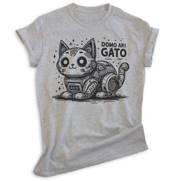 Domo Arigato Cat T-shirt, Unisex Women's Men's Shirt, Cat Robot Kitten Kitty Roboto Cute Japanese, Heather Gray, Large