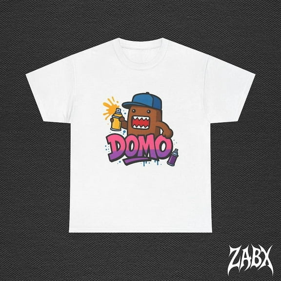 Domo Graffiti Street T-Shirt Urban Cartoon Spray Paint Graphic Tee Japanese Pop Culture Streetwear Top,White Color,Size L