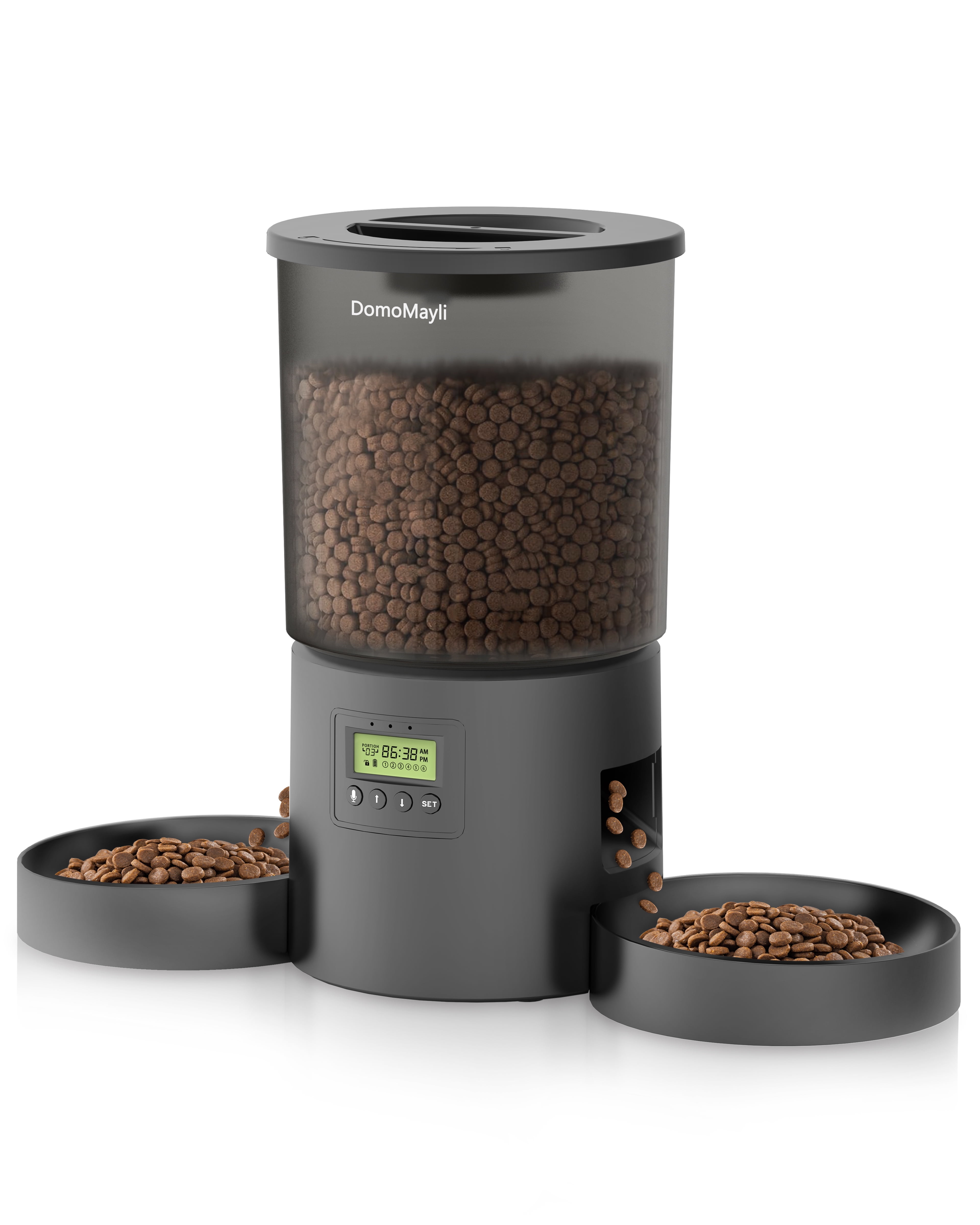 DomoMayli Automatic Dual Cats Feeder 2 Cats,Dual Power,Flexible Schedule Timer ,6 Meals 12 Portions Per Day nser 2 Cats,Flexible Schedule Auto Pet Feeder  double bowls,Timer 10S Voice Record