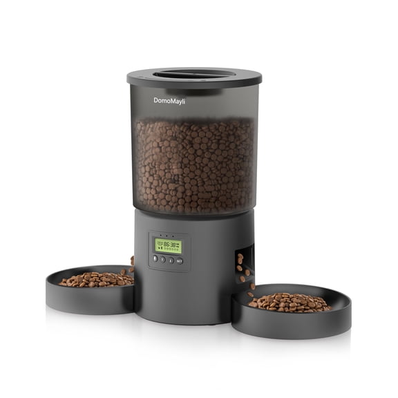 DomoMayli Automatic Dual Cats Feeder 2 Cats,Dual Power,Flexible Schedule Timer ,6 Meals 12 Portions Per Day nser 2 Cats,Flexible Schedule Auto Pet Feeder  double bowls,Timer 10S Voice Record