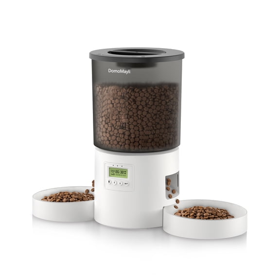 DomoMayli Automatic Dual Cats Feeder 2 Cats,Dual Power,Flexible Schedule Timer ,6 Meals 12 Portions Per Day