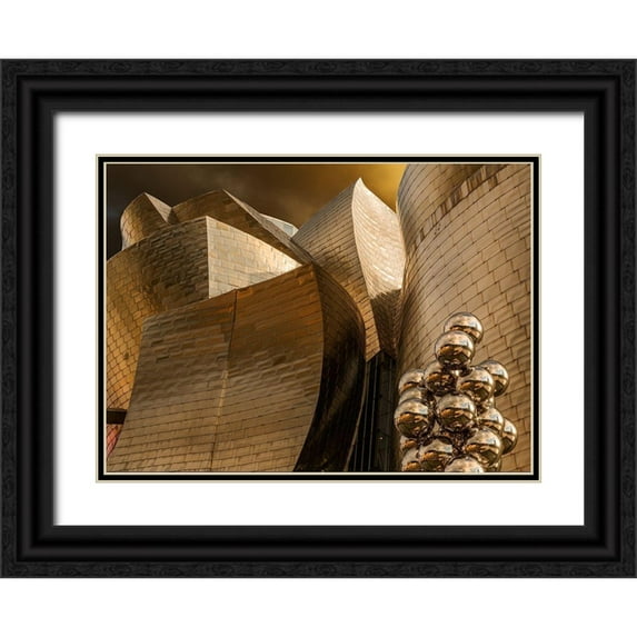 Domont, Jois 18x14 Black Ornate Wood Framed with Double Matting Museum Art Print Titled - Reflections On Spheres (Serie Guggenheim Bilbao)