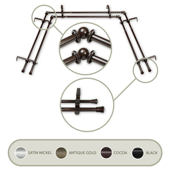 Domovina 5/8" Bay Window Double Curtain Rod-Color:Cocoa