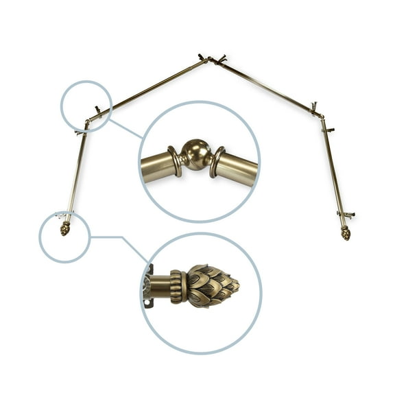 Domovina Cone 13/16" 4 Sided Bay Window Single Curtain Rod-Color:Antique Brass