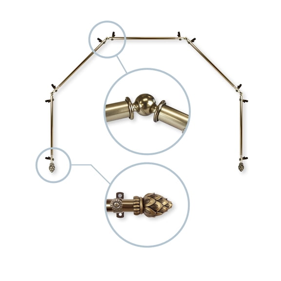 Domovina Cone 13/16" 5 Sided Bay Window Single Curtain Rod-Color:Antique Brass