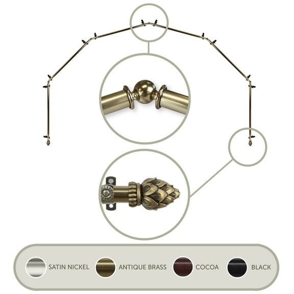 Domovina Cone 13/16" 6 Sided Bay Window Single Curtain Rod-Color:Antique Brass