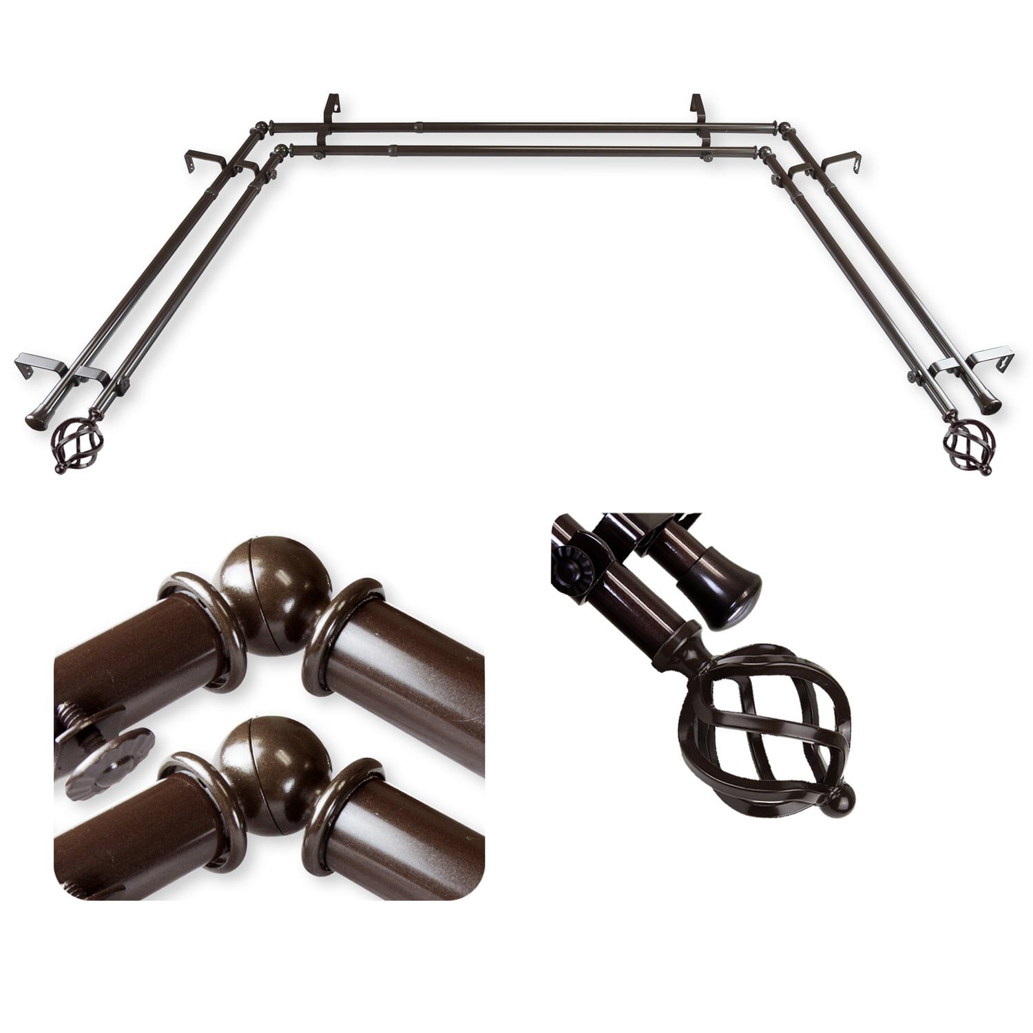 Domovina Curve 13/16" Bay Window Double Curtain Rod-Color:Cocoa
