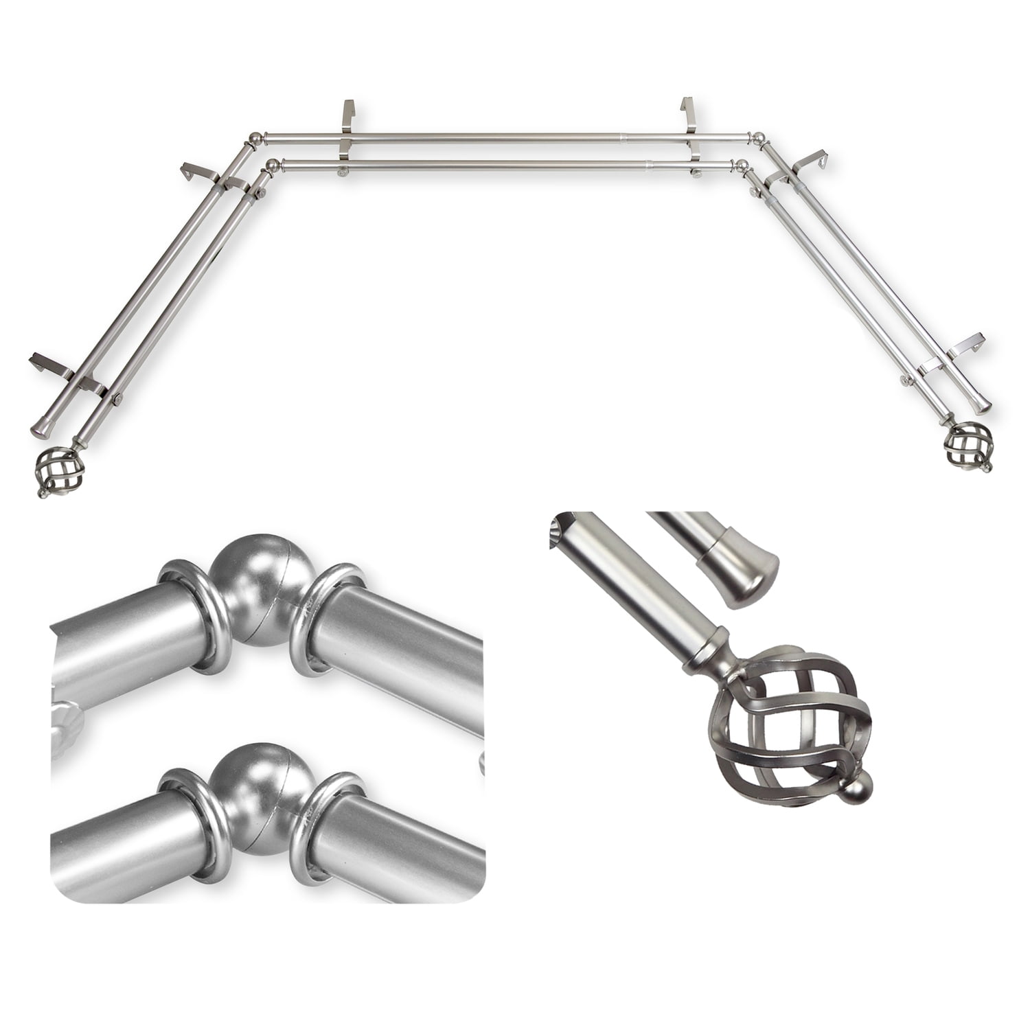 Domovina Curve 13/16" Bay Window Double Curtain Rod-Color:Satin Nickel