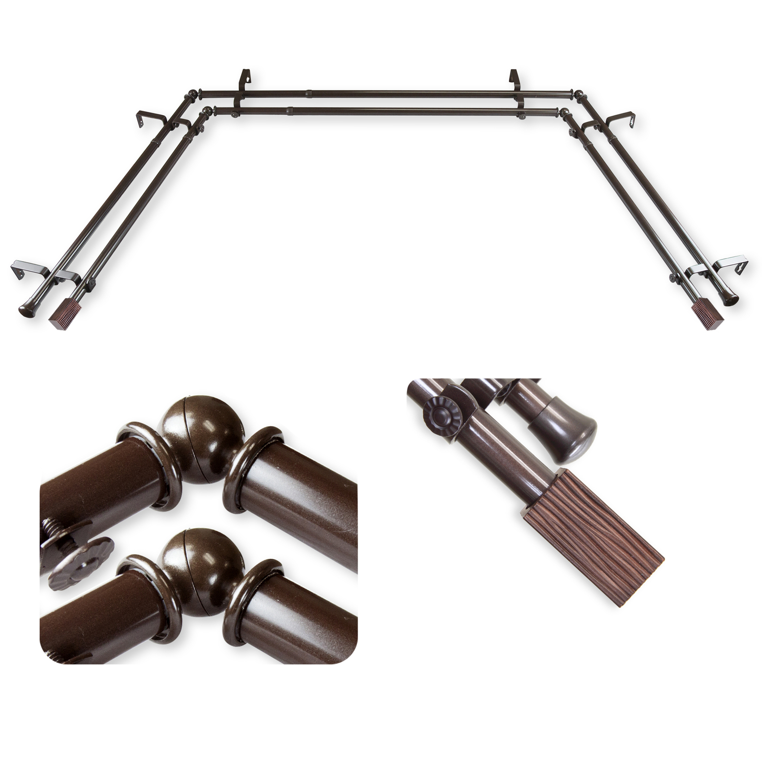 Domovina Wood 13/16" Bay Window Double Curtain Rod-Color:Cocoa