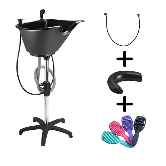 Dompel Bundle Wash Unit, Portable Shampoo Sink, Includes Drain Hose and Faucet with Hose, Headrest and Set of 4 Hair Brushes.
