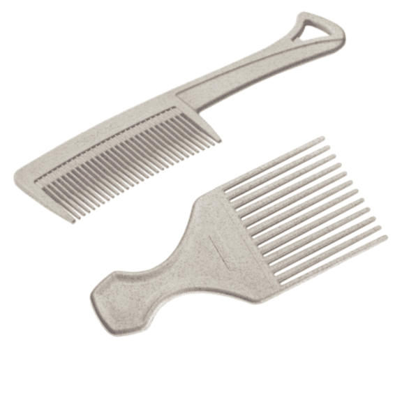 Dompel Eco Comb Bundle, one Hair Pick and one Large Tooth, with a modern design, it is made with rice husk residues and polypropylene.