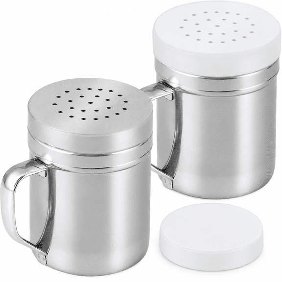 Dompilc Metal Salt Pepper Dredge Shakers - with Handle - Seasonings Spice Shakers with Holes and Lids - 2PC