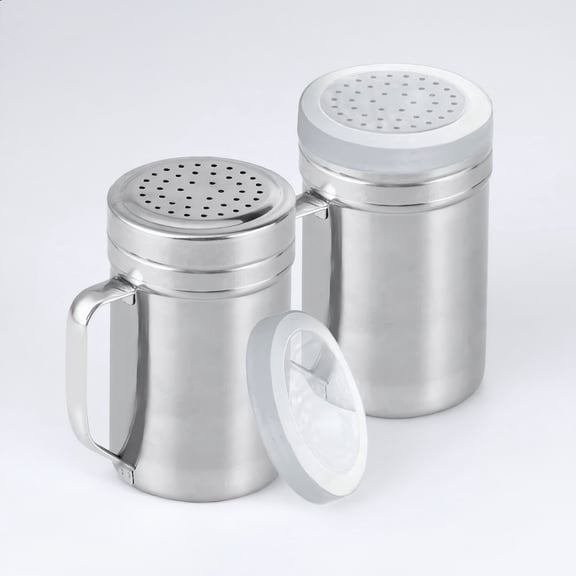 Dompilc Metal Salt Pepper Dredge Shakers - with Handle - Seasonings Spice Shakers with Holes and Lids - 2PC
