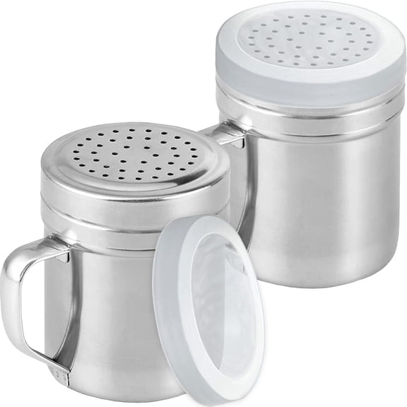 Dompilc Metal Salt Pepper Dredge Shakers - with Handle - Seasonings Spice Shakers with Holes and Lids - 2PC
