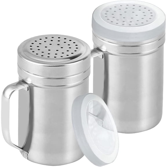 Dompilc Metal Salt Pepper Dredge Shakers - with Handle - Seasonings Spice Shakers with Holes and Lids - 2PC