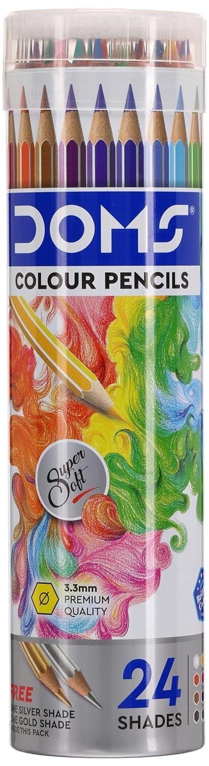 Doms 24 Shades Super Soft Color Pencils Round Tin Box | Smooth Color Application | For Blending & Experimenting Different Art Strokes | Free Gold & Silver Color Pencil Inside | Non